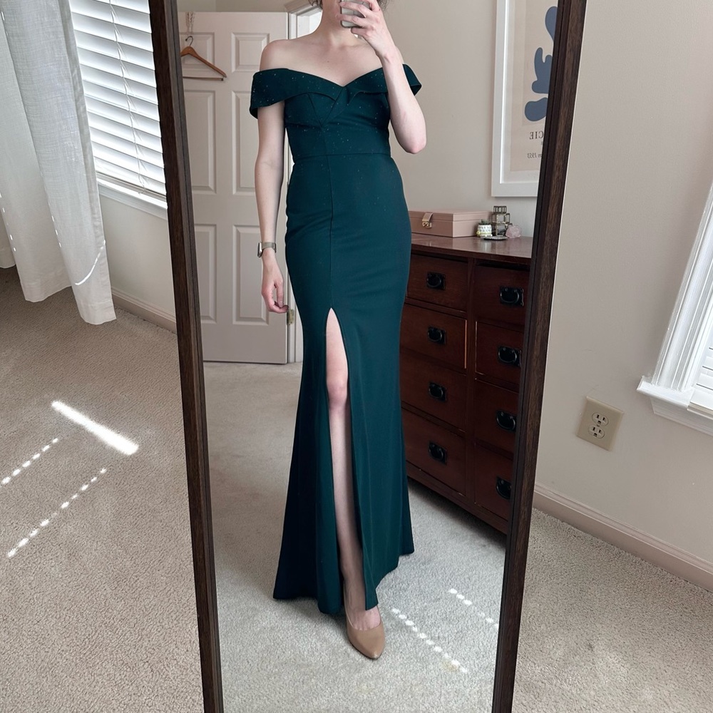 Emerald Off The Shoulder Formal Dress w/ Slit - Size M